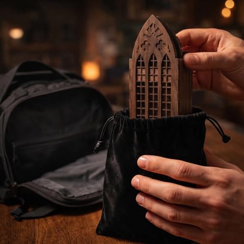 Walnut DND Dice Tower with 7 DND Dice Set & Pouch, Vintage Walnut Finish RPG Dice Roller for DND Dungeons and Dragons, Pathfinder & TTRPG Tabletop Games