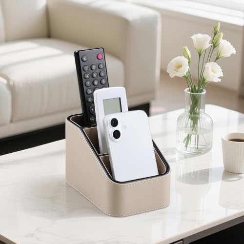 PU Leather Remote Control Holder, Small Desk Organizer Office Supply Bedside Caddy for Nightstand End Table Couch, Pen Remote Organizer with 3 Compartments (Beige) - color: Beige