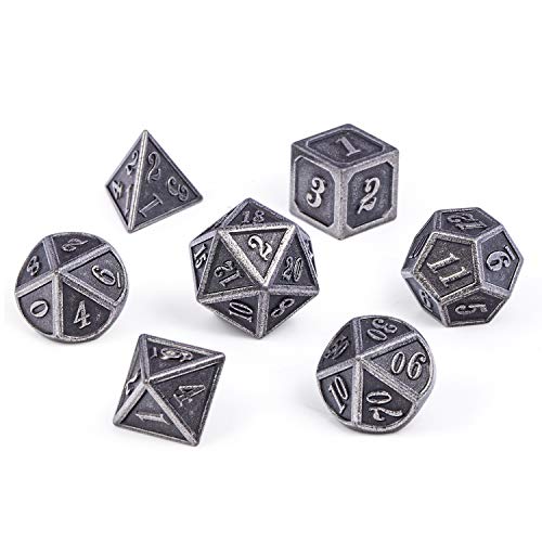 DnDnD Acient Silver Metal DND Dice Set, 7PCS D&D Metal Dice with Metal Case for Dungeons and Dragons, Shadowrun, Pathfinder, Savage World and Table Games - color: Ancient Silver