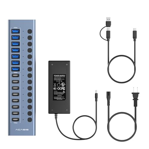 ACASIS 16 Ports Powered USB 3.2 Hub (8 USB-A 3.2 +8 USB-C 3.2) | Aluminum USB Hub Powered with 96W Power Adapter, USB Hub for PC/Laptop, Computer, Flash Drive, Printer, Camera - color: Gray