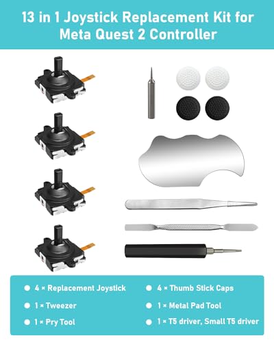 OLCLSS Joystick Replacement Kit for Oculus Quest 2 Controller, Repair Accessories for Meta Quest 3 Controller, Include 2 Joysticks, T5 Screwdriver, Tweezer, Pry Tool, 4 Thumbstick Grips - color: Black-11-in-1