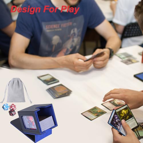 AFIING MTG Deck Box for Commander Display,Card Deck Box Fits 100 Double Sleeved Cards, Magic Commander TCG Storage Box with 2 Dividers,Drawstring Bag and 1 Toploader(Black/Blue) - color: Commander Black Blue