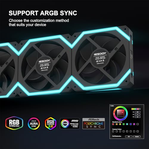Iesooy ARGB Cooling Fan, 120mm RGB PC Case Fan, ARGB Async/Sync Mode, 1800RPM 5V 3-PIN Cable, Daisy Chain PWM RGB Fans, Modular Stackable Silent for CPU Liquid Coolers (Black, Forward, 3-Pack) - color: Black