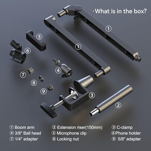 Low Profile Mic Arm 15cm Extra Riser Adjustable Mic Boom Arm Metal Desk Mounted Microphone Stand Cable Management Flexible Microphone Holder for Podcast Streaming Gaming Desktop - color: Black