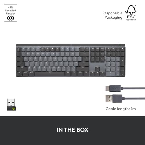 Logitech MX Mechanical Wireless Illuminated Keyboard Tactile - Graphite | Illuminated performance, backlit keys, Bluetooth, USB-C, macOS, Windows, Linux, iOS, Android, metal construction - size: Full Size, style: Tactile (quiet typing)