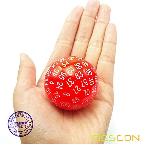 Bescon Glowing Polyhedral 100 Sides Dice Cerise Red, Luminous D100 Dice, 100 Sided Cube, Glow in Dark D100 Game Dice - color: Red Glowing in Dark