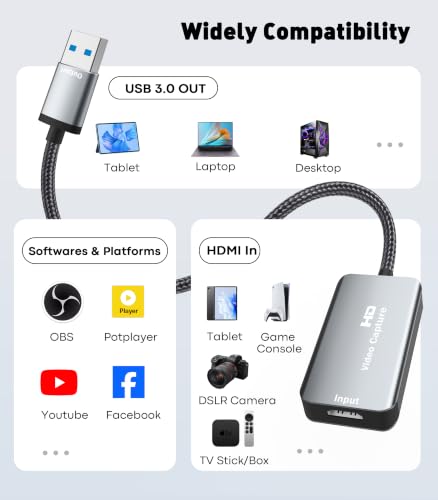 4K HDMI to USB 3.0 Video Capture Card, 1080P 60FPS for Recording, Streaming & Gaming, Plug & Play, Low Latency, Compatible with PS5, Switch 2, Xbox, Quest 3, Camera
