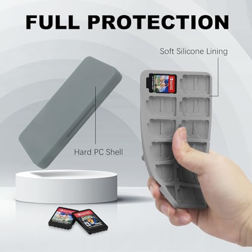 FYY Nintendo Switch Game Case Holder for Switch 2 Cartridge, Grey | 24 Game Card Slots & 48 Micro SD Card Slots, Hard Shell, Silicone Lining - color: B-Grey