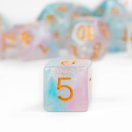 UDIXI 11-Pieces DND Dice Set D&D Polyhedral Dice Iridecent Swirls for RPG | Pink & Cyan Colors, Gold Number, Velvet Dice Bag Packaging, for Dungeons and Dragons Role Playing Games and Tabletop Games - color: 11 Piece Pink Cyan Glitter Dice