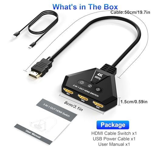 HDMI Switch 3 in 1 Out, 4K@60Hz HDMI Switcher with Gold Plated Ports, Plug & Play, Supports Full HD 1080P 3D Compatible with Roku TV Stick HDTV PS4/PS5 Xbox, Ideal for Home Theater, Gaming, Streaming