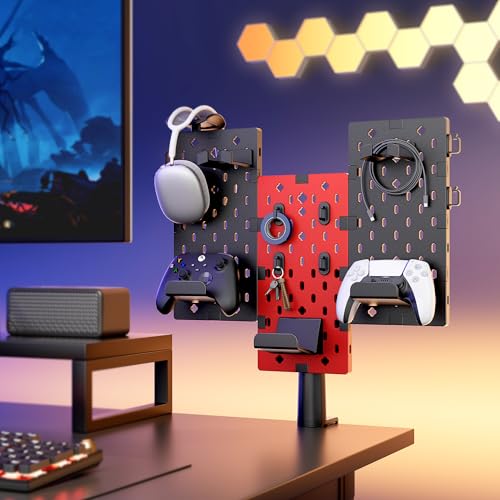 PEGZONE Modular Headphone and Controller Holder for Game, Clamp-on Pegboard, Rotatable Controller Stand with Cable Hooks, Gaming Accessory for Xbox PS5 PS4 Nintendo Switch, 3Pcs Pegboard, Red | Modular Desk Controller Stand with Cable Hooks - color: Red,