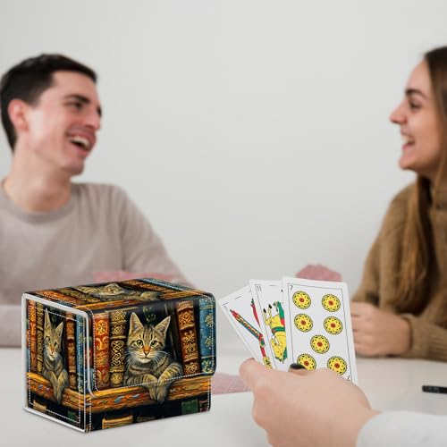 for MTG Commander Deck Box,Card Deck Box for Trading Yugioh MTG,Fits 100 Double Sleeved Cards,PU Leather Strong Magnet Case for Magic Commander TCG CCG,Cat Bookshelf - color: Cat Bookshelf