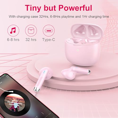 Wireless Earbuds, Bluetooth 5.4 Earbuds Stereo Bass, Bluetooth Headphones in Ear Noise Cancelling Mic, Wireless Earphones IP7 Waterproof Sports, 32H Playtime Mini USB C Charging Ear Buds Light Pink - color: light pink