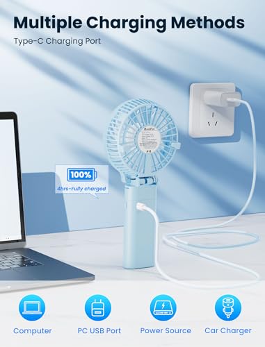 HandFan 5200mAh Handheld Fan Rechargeable, 20H Runtime Hand Fan, 3 Speeds Strong Airflow, Personal 180° Foldable Portable Fans for Travel/Summer/Concerts/Lash/Commute, Gifts for Women (Blue) - color: Clear‑Blade Blue