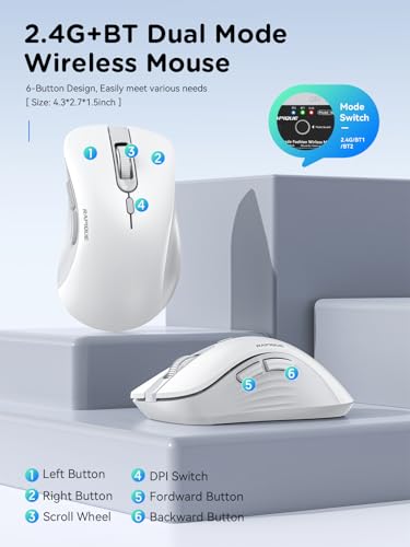 RAPIQUE Wireless Mouse - Dual Bluetooth & 2.4 GHz USB Receiver, Ergonomic Design, Quiet Clicks, Low Power - Multi-Device Compatibility for Laptop, Computer, iPad, MacBook, Chromebook (White and Grey) - color: White and Grey