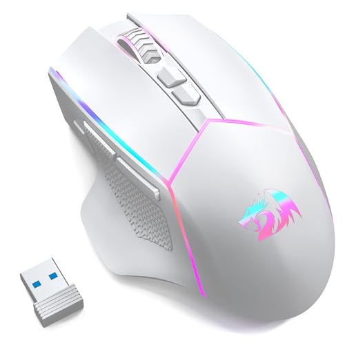 Redragon Wireless Gaming Mouse, Tri-Mode 2.4G/Bluetooth/USB-C, 7 Programmable Buttons, Tactile Rapid Fire Key, 24000 DPI RGB Ergonomic Mouse for PC Windows Gaming & Work, M814W - color: White