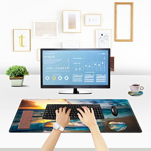 ToLuLu Mouse Pad, Memory Foam Ergonomic Keyboard Mouse Wrist Rest Support | Large Extended Gaming Desk Mat with Stitched Edges, Non-Slip Base Mousepad Set for Home Office Game and Study, Beach Sunset - color: Sunset Sea Beach