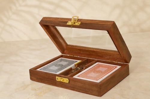 Playing Cards Set of 2 in Handmade Wooden Storage Box Case Holder with 5 Dice in Antique Design Anniversary Birthday Gifts "Made in India" (Design 1) - color: Design 1