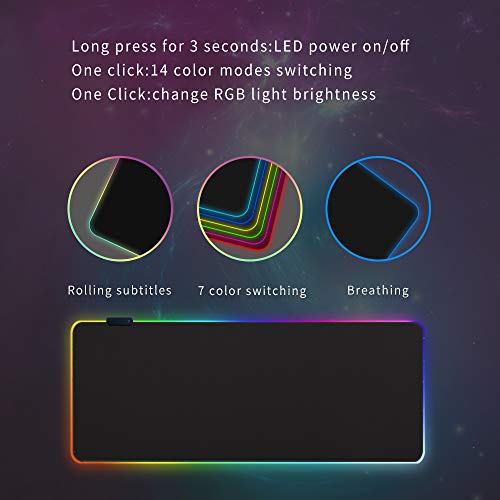 RGB Gaming Mouse Mat Pad - Large Extended Led Mousepad with 14 Lighting Modes 2 Brightness,Big Gaming pad Extra Long Computer Keyboard Mat Anti-Slip Waterproof - 31.5 x 11.8 Inch-Black
