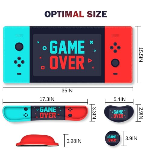 ARTSO Large Gaming Mouse Pad, Keyboard Wrist Rest Pad & Wrist Support Mousepad Set, Stitched Edge, Extended, Non-Slip Base, Memory Foam Desk Mat, Green Red Game Console - color: Green Red Game Console