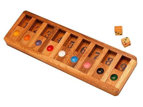 BSIRI Classic Shut The Box Game Wooden 12 Numbers with Math Lover Player Wood Box of Brain Teaser Puzzles Single Player Original Wood Dice and Close flip Number Board Games Adults Travel Mini Size - style: Shut the Box Game
