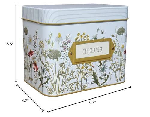 SENSORY4U Tin Recipe Box Holder With Cards - Wildflower Print - Includes 100 4X6 Cards and 12 Dividers - Beautiful Decorative Tin Box Flower Gift