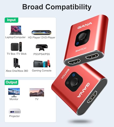 HDMI Switch 4k@60hz Splitter, GANA Aluminum Bidirectional HDMI Switcher 2 in 1 Out, Manual HDMI Hub Supports HD Compatible with Xbox PS5/4/3 Blu-Ray Player Fire Stick Roku - color: Red (No Cable)