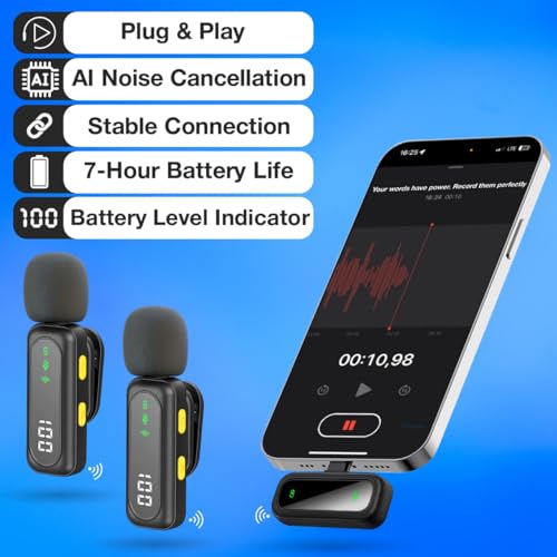Wireless Lavalier Microphone for iPhone Mini Mic Android/Tablet/PC Video Recording Clip-on Mics with Rotatable Clip&Denoise Recording, Ideal for Vlog Tiktok Youtube Podcast Content Creator