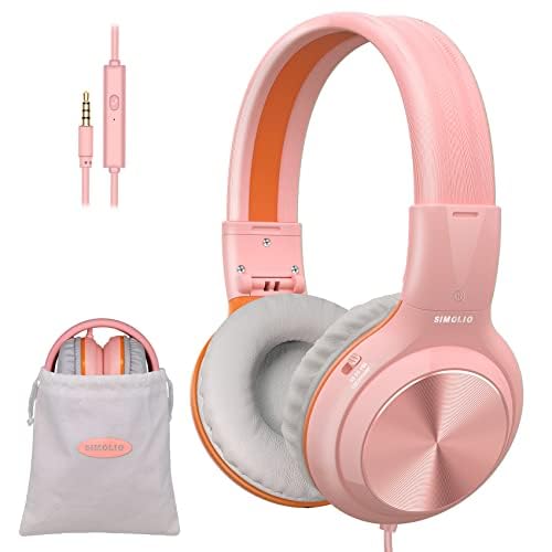SIMOLIO Manyshare Series- Wired Headphones with Mic & Share Port, Volume Limited, Noise Isolating, Durable Plug in Headphones with Portable Pouch for Kids Girls, School, Travel, Laptop, Tablet (Pink) - color: Barbie Pink 3.5mm