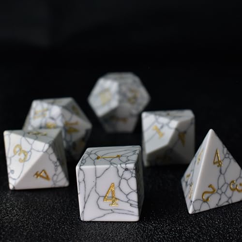 Natural Gemstone DND Dice Set,7 Pcs Handmade Stone Dice Polyhedral D&D Gem Dice with Gift Box for Dungeons and Dragons MTG Role Playing Games - color: Howlite
