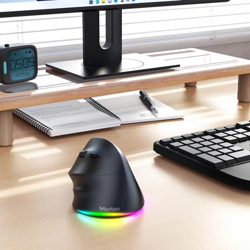 MEETION Left-Handed Wireless Ergonomic Vertical Mouse, Rechargeable - Black | Dual Bluetooth 5.2/3.0 + USB, RGB lighting, 4 adjustable DPI, compatible with Windows, Mac, PC, iPad and tablets - color: Left Black