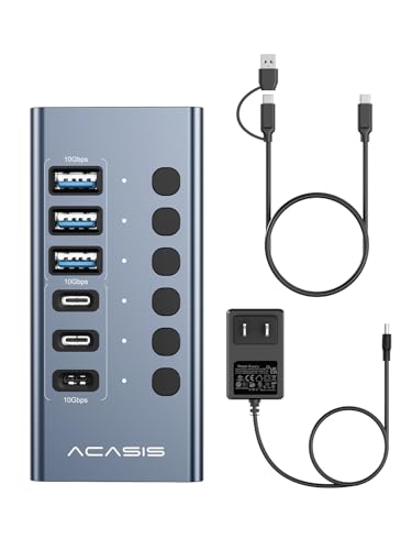 ACASIS 6 Ports Powered USB 3.2 Hub (3 USB-A 3.2 +3 USB-C 3.2), 10Gbps | Individual On/Off Switch for Each Port • Aluminum Housing • Better Heat Dissipation • Plug & Play • 48W Power Adapter - size: 6 Ports
