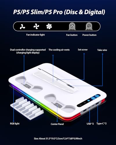 PS5 Cooling Station for PS5/Slim/Pro,PS5 Fan Cooling Fan with 8 RGB Light P5 Cooling Stand with 3 Level Fan Vertical Controller Charger Station with Dual Controller Chargers Dics Storage 4 HUB