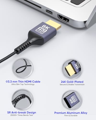 Thin HDMI Cable 6.6FT 8K Slim HDMI Cable, 48Gbps Ultra High Speed Flexible HDMI 2.1 Cord with 8K@60Hz, 4K@60Hz, Dynamic HDR, 3D for Laptop, HDTV, Monitor, Projector, PS5/PS4, Xbox - size: 6FT