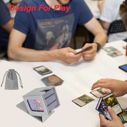 AFIING MTG Deck Box for Commander Display,Card Deck Box Fits 100 Double Sleeved Cards, Magic Commander TCG Card Storage Box with 2 Dividers,Drawstring Bag and 1 Toploader(Silver/grey) - color: Commander Silver Grey