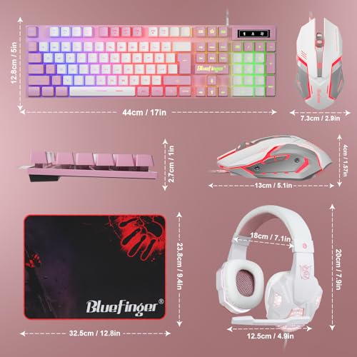 BlueFinger RGB Gaming Keyboard and Backlit Mouse and Headset Combo, USB Wired Backlit Keyboard, LED Gaming Mouse Set, Headset with Microphone for Laptop PC Computer Game and Work (Pink & White) - color: Pink & White