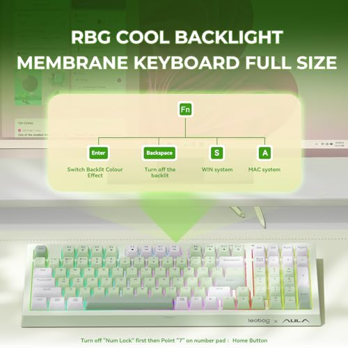 LEOBOG X Aula Green Keyboard Wireless Gaming Keyboard Creamy Silent | 98 Keys,Quiet,RGB Backlit,2000mAh Computer Keyboards Membrane Creamy Keyboard with Number Pad,Tri-Mode BT/2.4GHz/USB-C - color: Green
