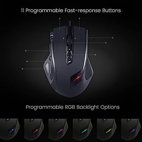 Perixx MX-2000B Programmable Laser Gaming Mouse with Adjustable Weight and RGB Backlight, Black