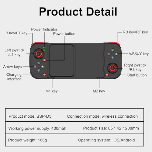 arVin Wireless Gaming Controller for iPhone/iPad/iOS/Android/Samsung/PC Gamepad Joystick with Back Button, Analog Triggers, Stretchable, Bluetooth 5.0 Low Latency, Direct Play for CODM,Diablo Immortal
