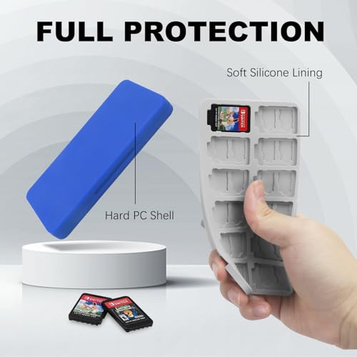 FYY Nintendo Switch Game Case Holder for Switch 2 Cartridge, Blue | 24 Game Card Slots & 48 Micro SD Card Slots, Hard Shell, Silicone Lining - color: A-Blue