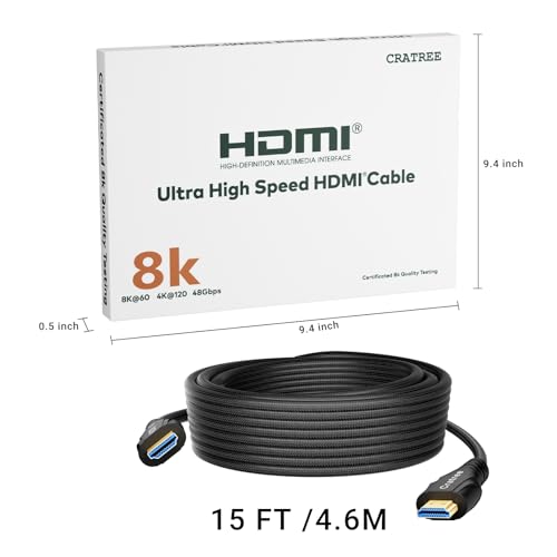 Cratree HDMI Cable 15FT Long - Certified 8K Ultra High Speed HDMI Cable,48Gbps Braided HDMI Cord,8K 60hz,4K 120hz,eARC,HDCP 2.2&2.3 - Compatible for HDTV/PS5 - size: 15 FT