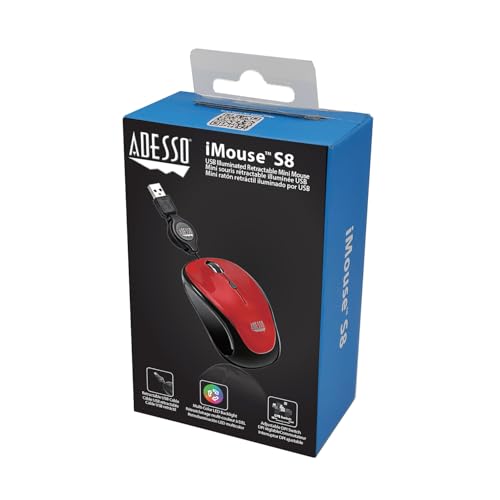 Adesso Retractable Mini Mouse iMouse S8B with Built-in Scroll Wheel, Adjustable DPI, Multi-Color LED Backlight, and Enhanced Optical Sensor (Red)