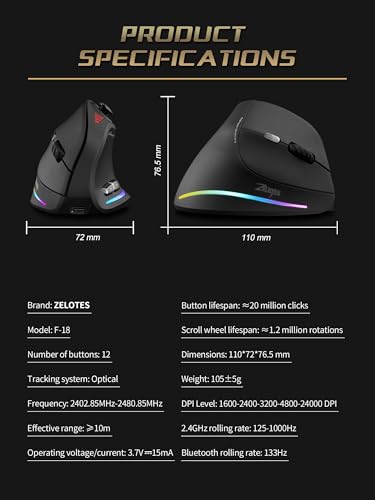 TKMARS Wireless Ergonomic Vertical Gaming Mouse with Joystick, Bluetooth & 2.4G, 12 Programmable Buttons, Adjustable 24000 DPI, Rechargeable RGB Computer Mouse for PC, MacBook & Laptops