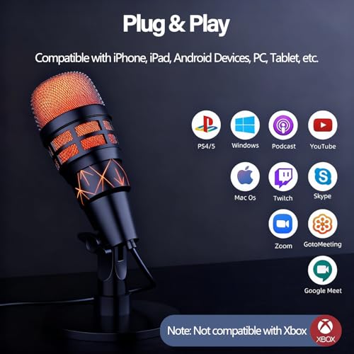 USB Microphone for PC Gaming, Podcasts, Videos, Streaming, Condenser Mic with Quick Mute, Pop Filter, RGB Indicator, Shock Mount, Rotate Gain Button, Compatible with PS4/5/PC