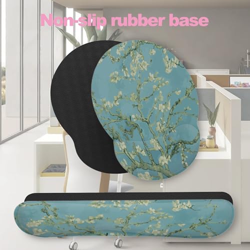 Blossoming Almond Tree Keyboard Wrist Rest Pad and Mouse Pad Wrist Support Set,White Flower 3-in-1 Ergonomic Mouse Pad with Non-Slip Rubber Base for Home Office Game Computers Desk, - color: Blossoming Almond Tree