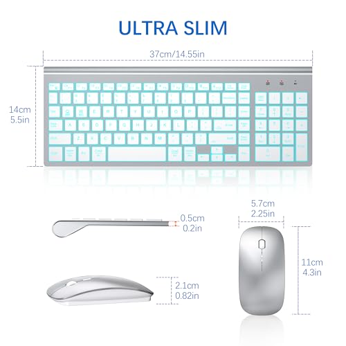 Wireless Backlit Keyboard and Mouse Ultra Slim Combo, TopMate 2.4G Silent Compact 2400DPI Mouse and Scissor Switch Keyboard Set, Batteries Included, for PC/Laptop/Windows/Mac/Gaming - BL Silver White - color: BL Silver White