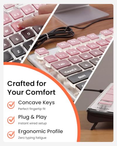 Wired Backlit Keyboard with Pudding Keycaps, Quiet Full Size Computer Keyboard White Backlight Easy-to-Read, Never Fade, Metal Panel, USB Cute Desk Setup for Windows PC Desktop, Pink-Black Ombré - color: Pink-Black Ombré