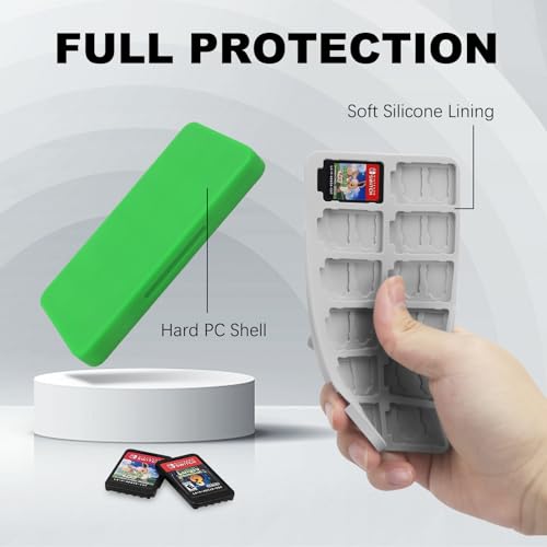 FYY Nintendo Switch Game Case Holder for Switch 2 Cartridge, Green & Navy | 24 Game Card Slots & 48 Micro SD Card Slots, Hard Shell, Silicone Lining - color: B-Green Navy