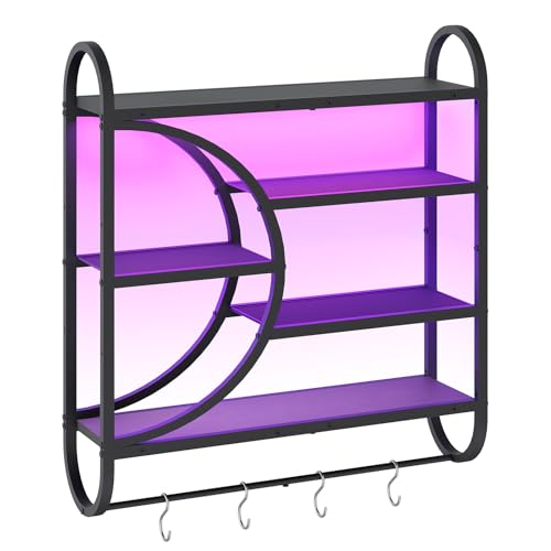 HOOBRO Gaming Floating Shelves with LED Lights, 28.9" LED Wall Mounted Shelf, 5-Tier Display Rack for Wall Storage, Floating Rack with Hanging Rod and 4 S-Hooks, for Game Room, Black BB50DBJ01 - color: Black