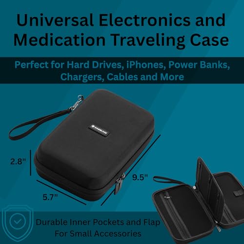 Caseling Hard EVA Electronics Travel Organizer – Shockproof Protective Carrying Case for Chargers, Power Banks & Cables – Compact 9.5” x 5.7” Travel Storage with Wrist Strap, Black